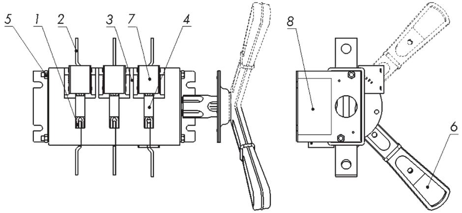 Два вида рубильника (общее изображение) ВР32 Кореневского завода низковольтной аппаратуры с выносками, определяющими его элементы (части, узлы)