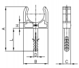 Чертёж с размерами держателя с защёлкой и дюбелем в комплекте с шурупом выпуска ДКС для гофротруб