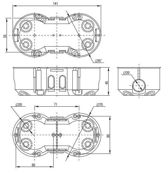 Размеры установочной коробки (двойного внутреннего подрозетника) КМ40007 141х70х45 мм выпуска ИЭК