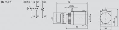 Размеры и электрическая схема нажимной кнопки ABLFP-22 без фиксации с индикатором