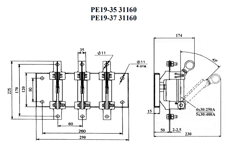 Габаритный параметры рубильника РЕ19-37 на ток 400 ампер исполнения 31160