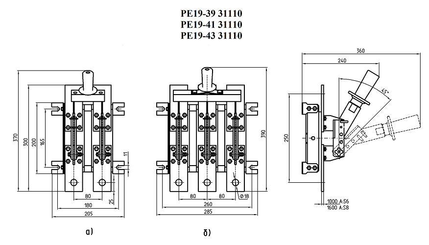 Размеры разрывного рубильника РЕ19-39 исполнения 31110 на номинальный ток 630 ампер