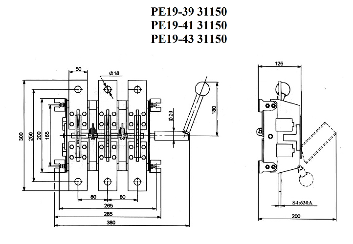Размеры разрывного рубильника РЕ19-43 исполнения 31150 на номинальный ток 1600 ампер