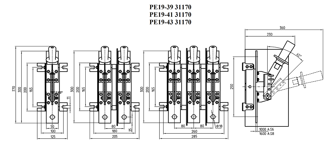 Габариты разрывного рубильника РЕ19-39 исполнения 31170 на ток 630 ампер
