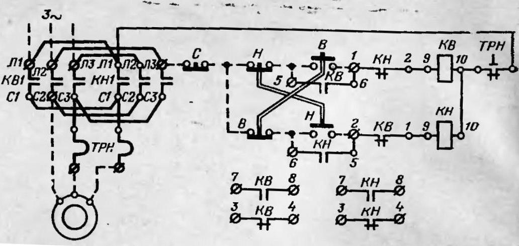 Схема электрического присоединения двигателя и реверсивного рускателя ПМЕ 214 либо ПМЕ 224 с реле на 25А